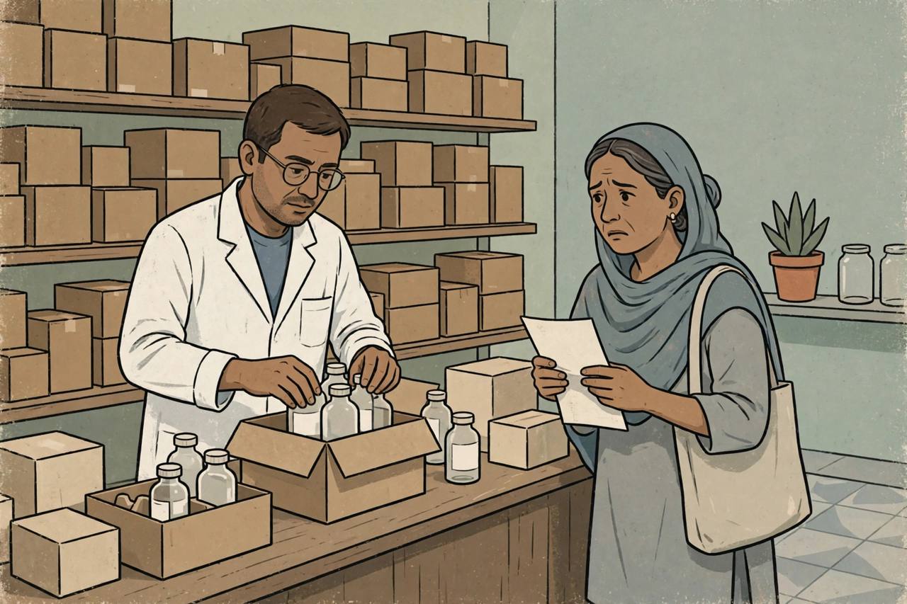 Editorial illustration of a chemist packing medicine bottles into a return box while a patient waits with a prescription