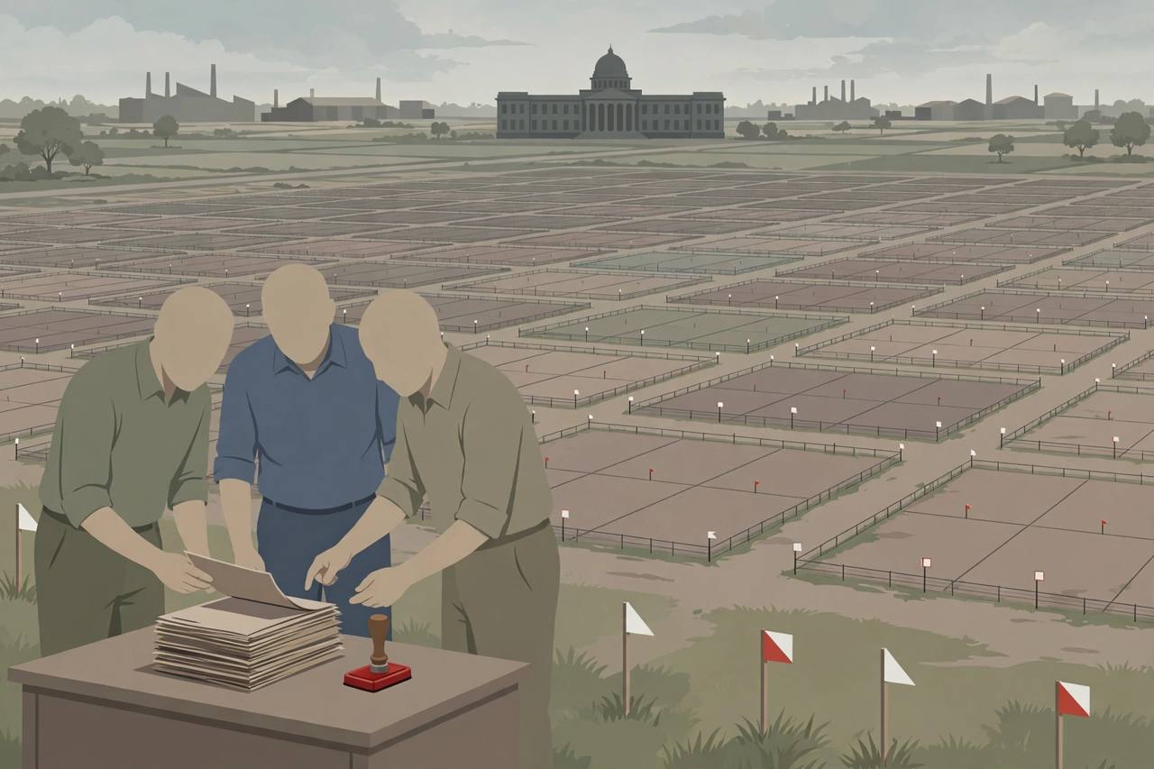 Editorial illustration of officials examining industrial plot allotment files, with marked industrial plots and a courthouse in the background