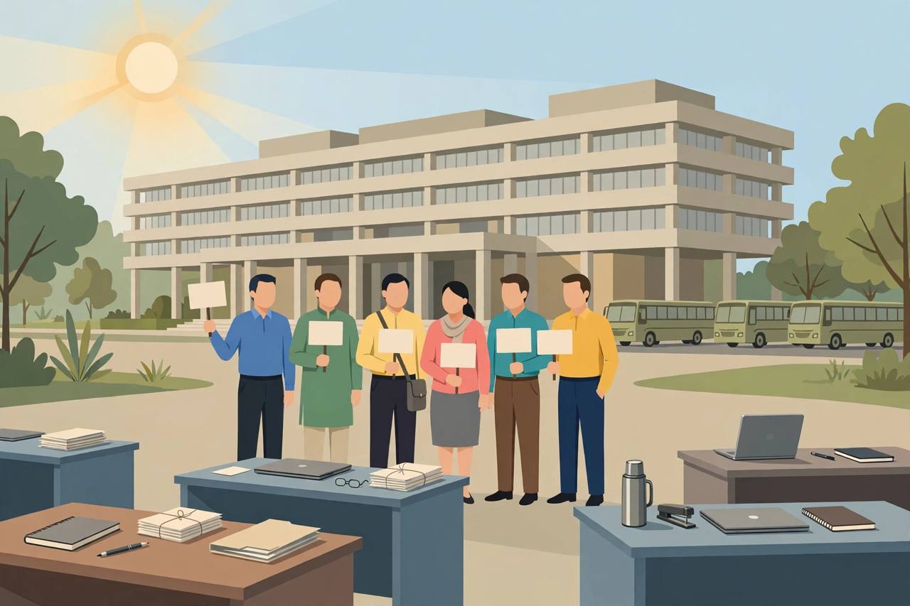 Editorial illustration of Punjab government employees on strike outside the Secretariat, with parked buses and empty office desks