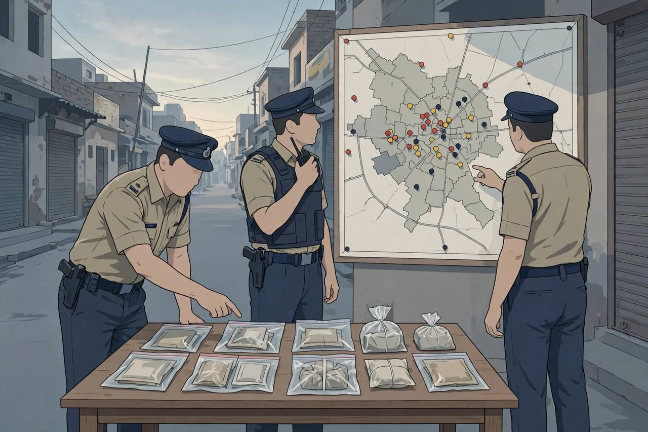 Editorial illustration of police teams conducting raids at mapped locations across Punjab