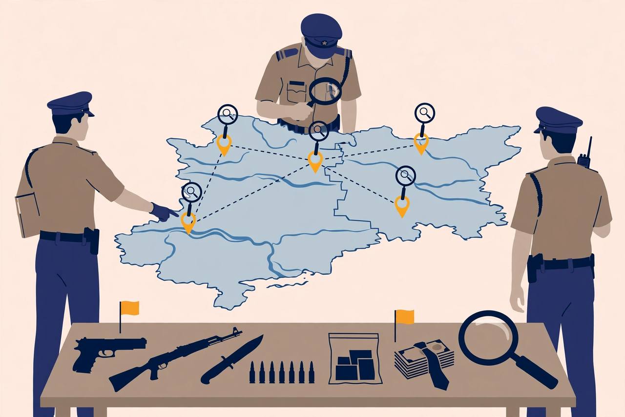 Editorial illustration of police teams conducting raids at mapped locations across Punjab