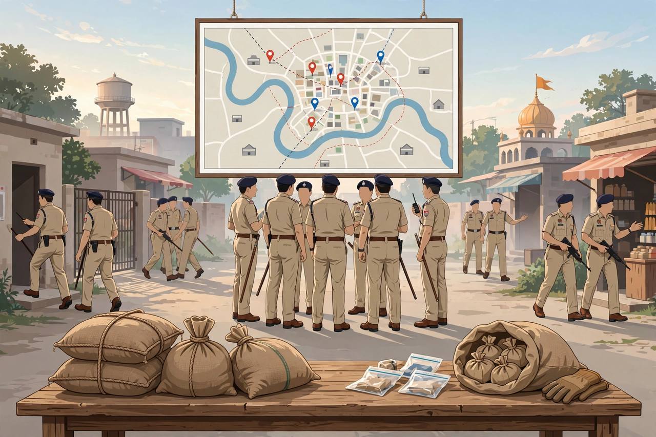 Editorial illustration of police teams conducting raids at mapped locations across Punjab