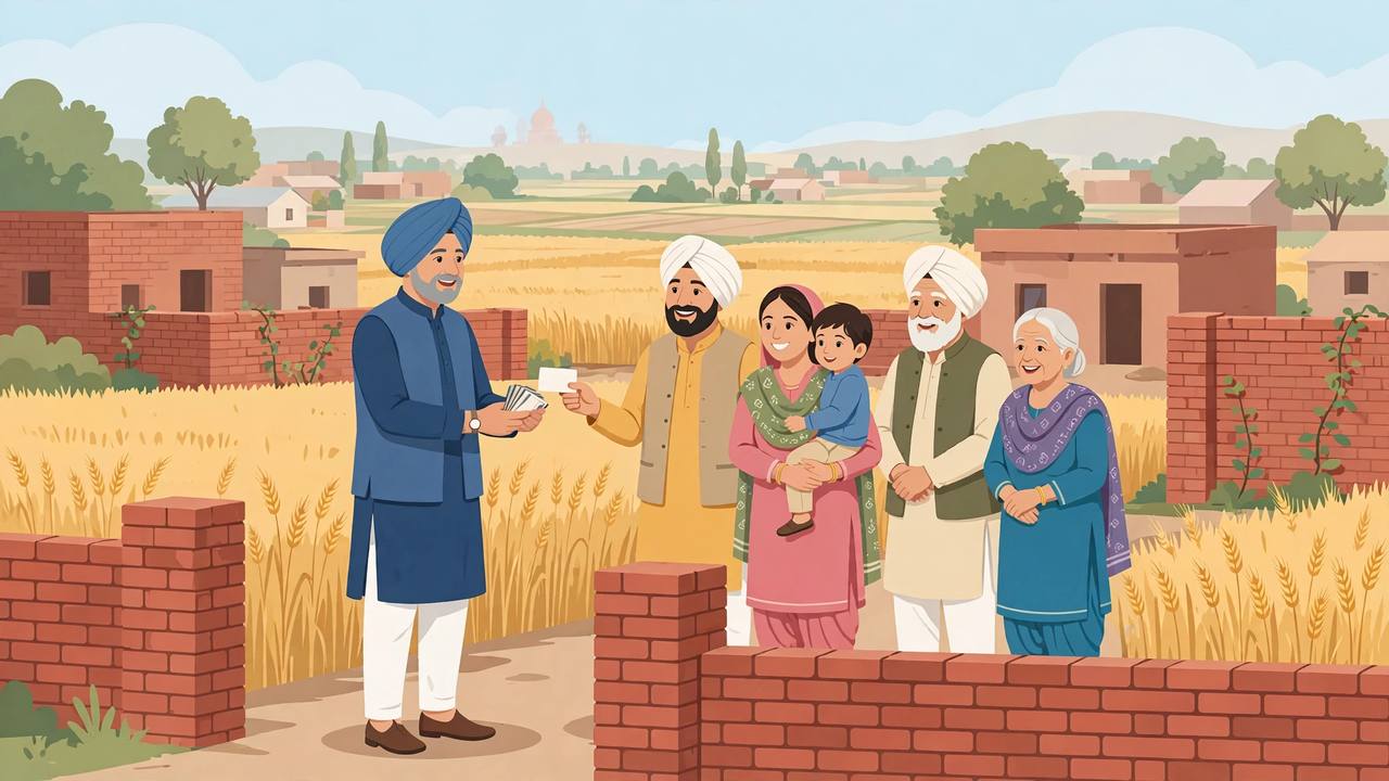 Editorial illustration of a minister handing property cards to village families in Lehragaga, Punjab