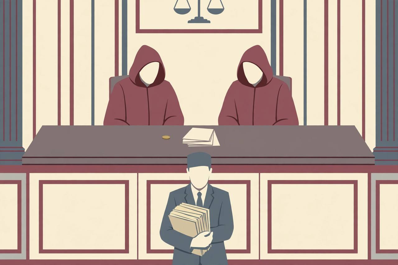 Editorial illustration of two judges on a high court bench, a government official holding case files below, and a single small coin on the desk
