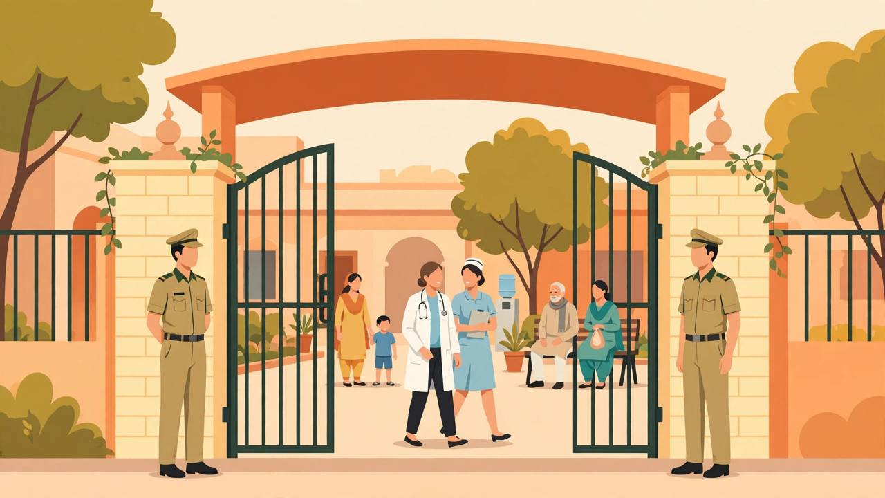 Security guards at the entrance of a hospital in Punjab (Editorial illustration)