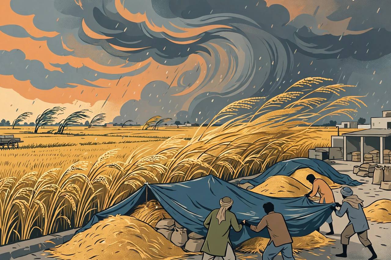 Editorial illustration of storm clouds and hail over a Punjab paddy field, with farmers covering harvested paddy at a mandi