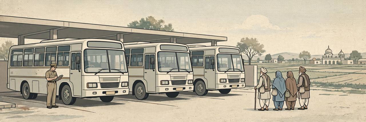 Editorial illustration of a safety inspector checking pilgrimage buses at a depot in Punjab