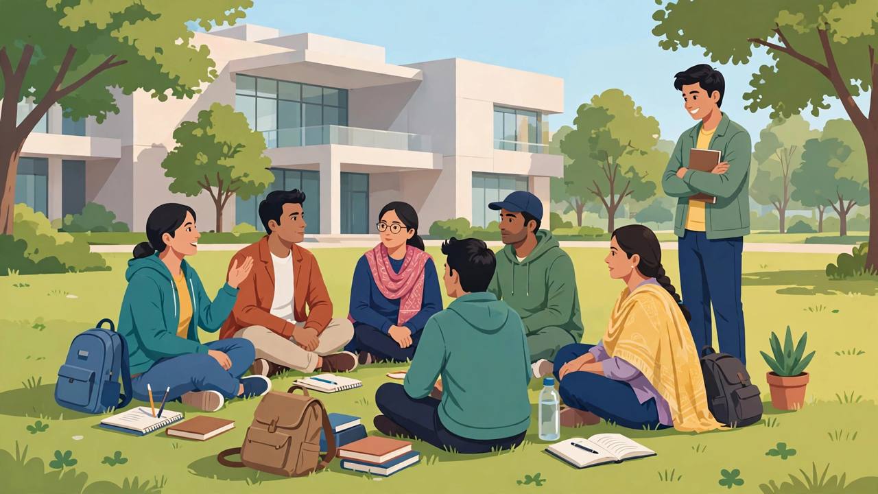 Editorial illustration of college students in a peer-support circle on a Punjab campus