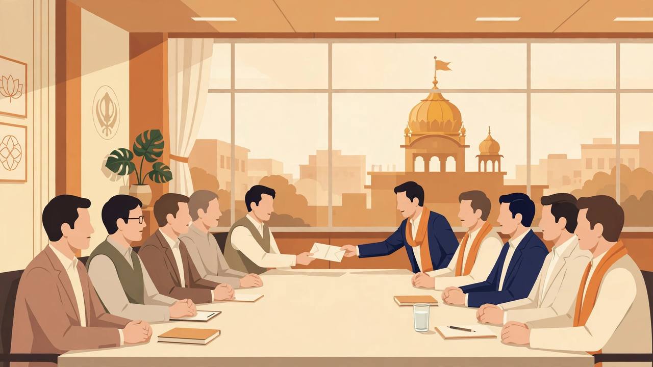 Editorial illustration of two committees meeting across a table over the Satkar Act, a domed secretariat in the background