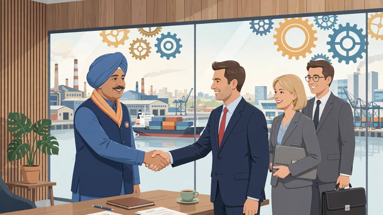 Editorial illustration of a Punjab minister meeting a British business delegation, factories and a cargo ship behind them