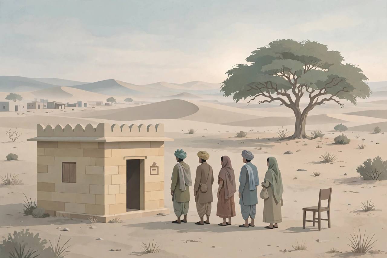 Editorial illustration of a quiet village polling booth in the Barmer desert at dawn, with villagers in a calm queue and an empty chair beside them