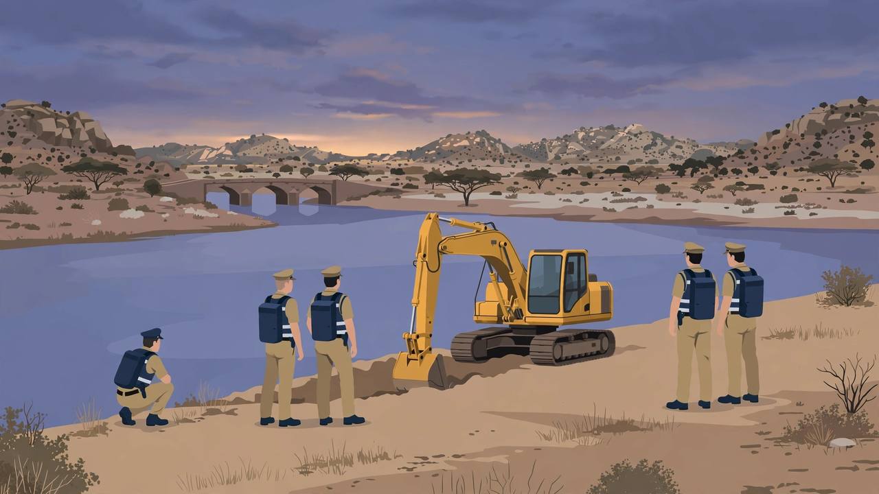 Editorial illustration of a police search team and an excavator on a riverbank at dusk in Rajasthan