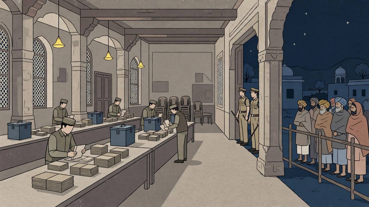 (Editorial illustration) Election officials counting paper ballots beside ballot boxes in a hall at night, with police officers on guard at the entrance and villagers waiting behind a barrier