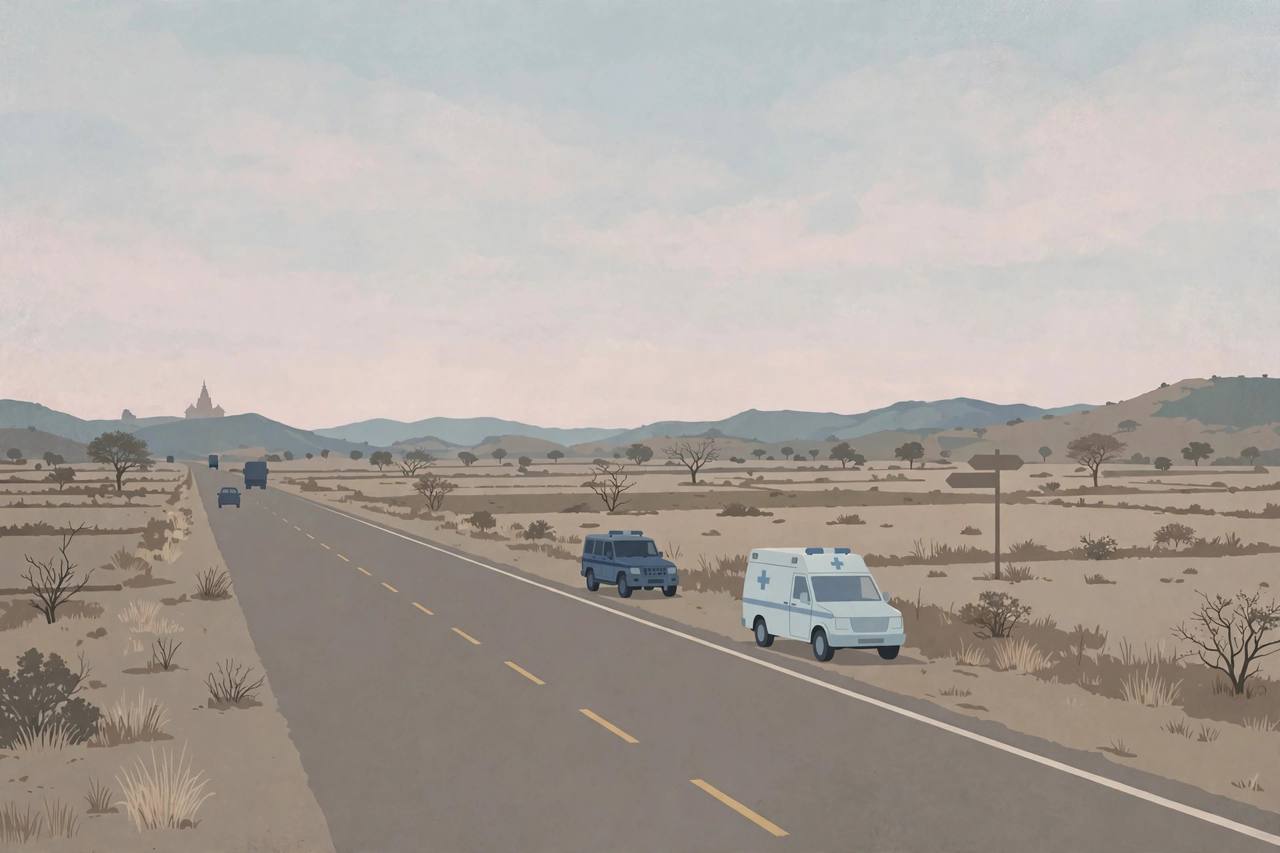 Editorial illustration of a quiet Rajasthan highway at dawn with an ambulance and a police vehicle parked on the shoulder