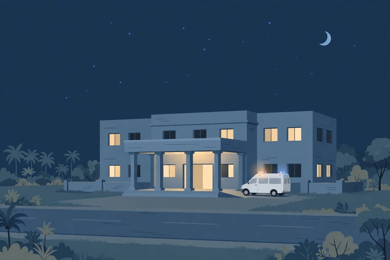 Editorial illustration of a district hospital at night with an ambulance at its entrance — a neutral image used because the survivor is a minor