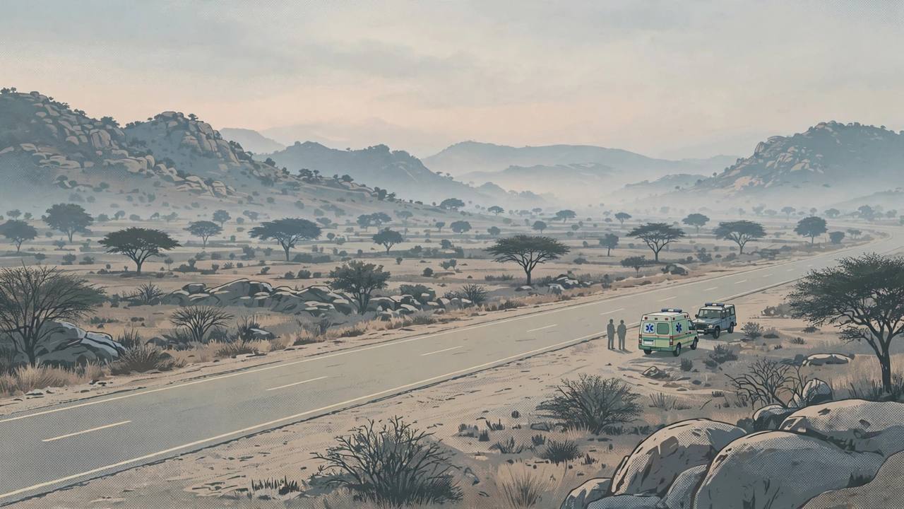 (Editorial illustration) A quiet Rajasthan highway at dawn with an ambulance and a police vehicle parked at the roadside in the distance
