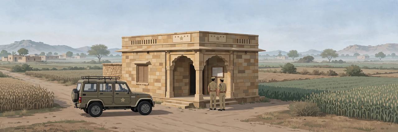 Editorial illustration of a small sandstone police station in rural Rajasthan at dawn, with a police jeep parked outside and fields behind