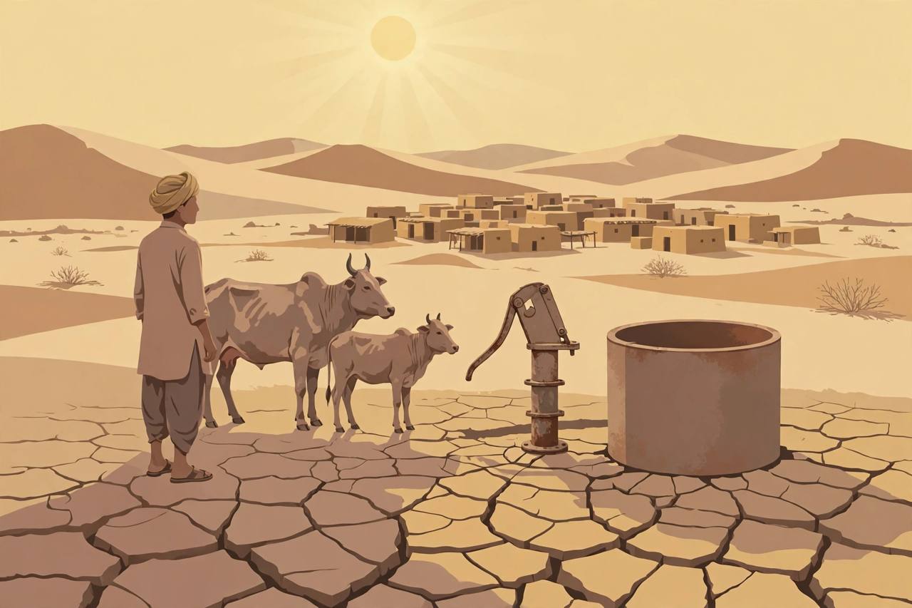 Editorial illustration of cracked dry farmland in western Rajasthan, with a farmer, cattle, a dry hand pump and a desert village