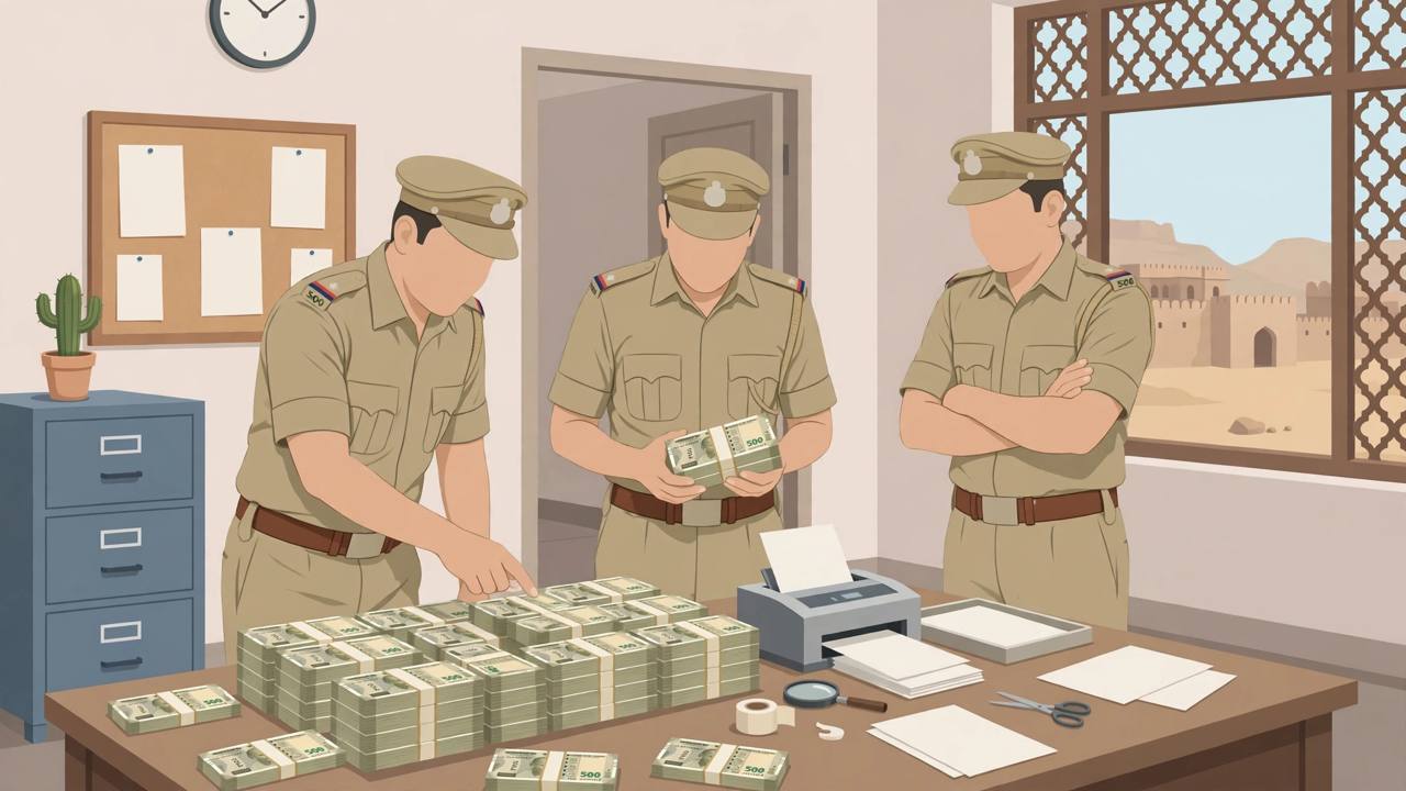 Editorial illustration of generic police officers examining stacks of seized counterfeit banknotes and a printer at a Rajasthan police station
