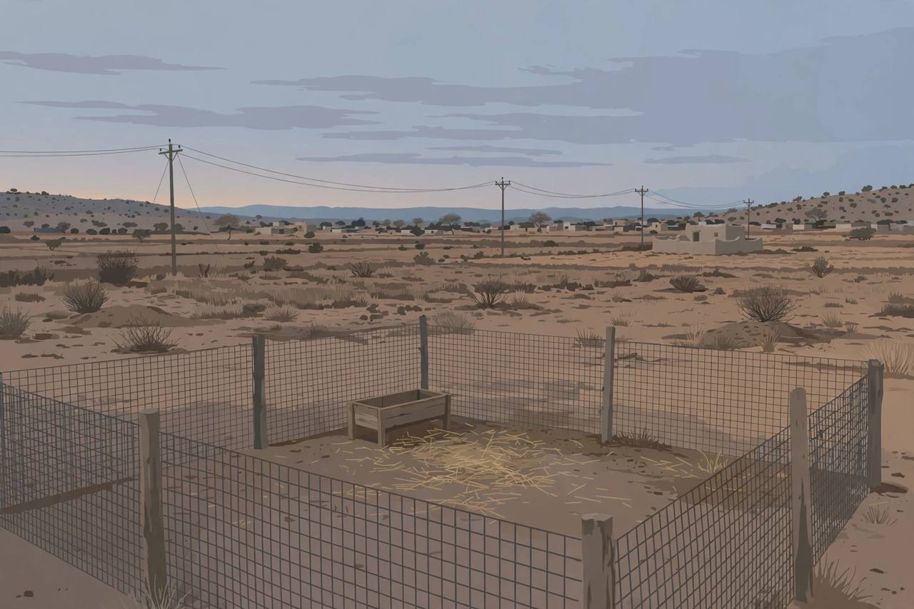 Editorial illustration of a rural Rajasthan farm enclosure with electricity poles in the background