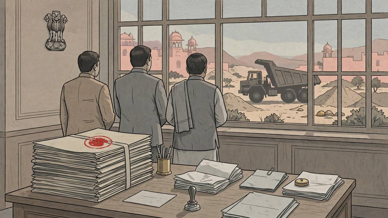 Editorial illustration of a stack of official disciplinary files, a government seal and pension documents on a desk in a Jaipur government office, with a sand-mining truck visible through the window