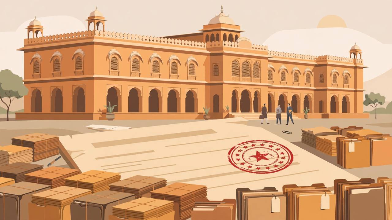 Editorial illustration of a government office building in Jaipur with an official document and a red seal stamp in the foreground, symbolising disciplinary action against officials