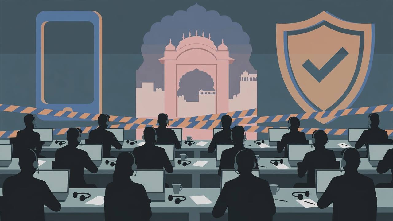 Editorial illustration of a call-centre room with headset operators and a Jaipur arch
