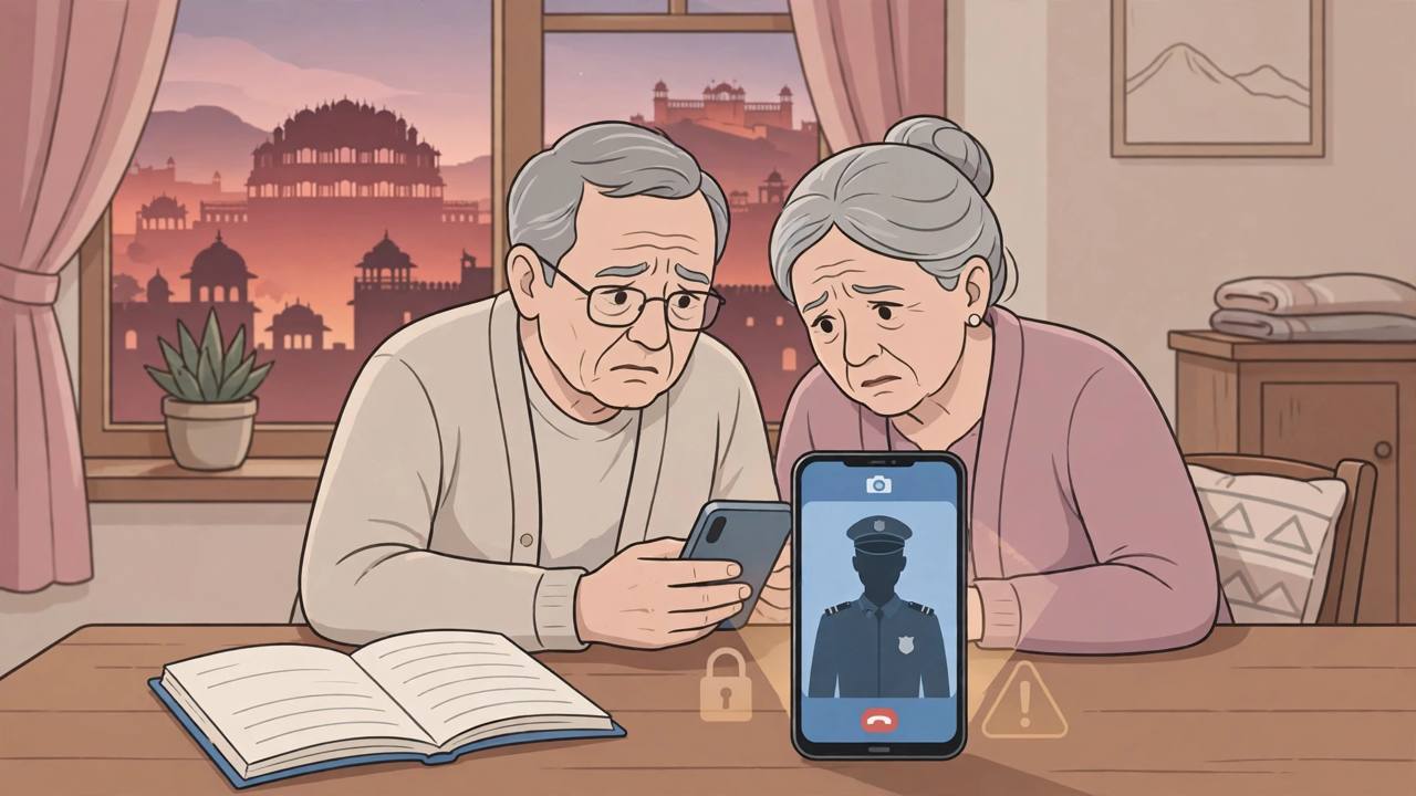 Editorial illustration of an elderly couple in Jaipur looking worried at a smartphone video call with a generic uniformed figure, bank passbook on the table