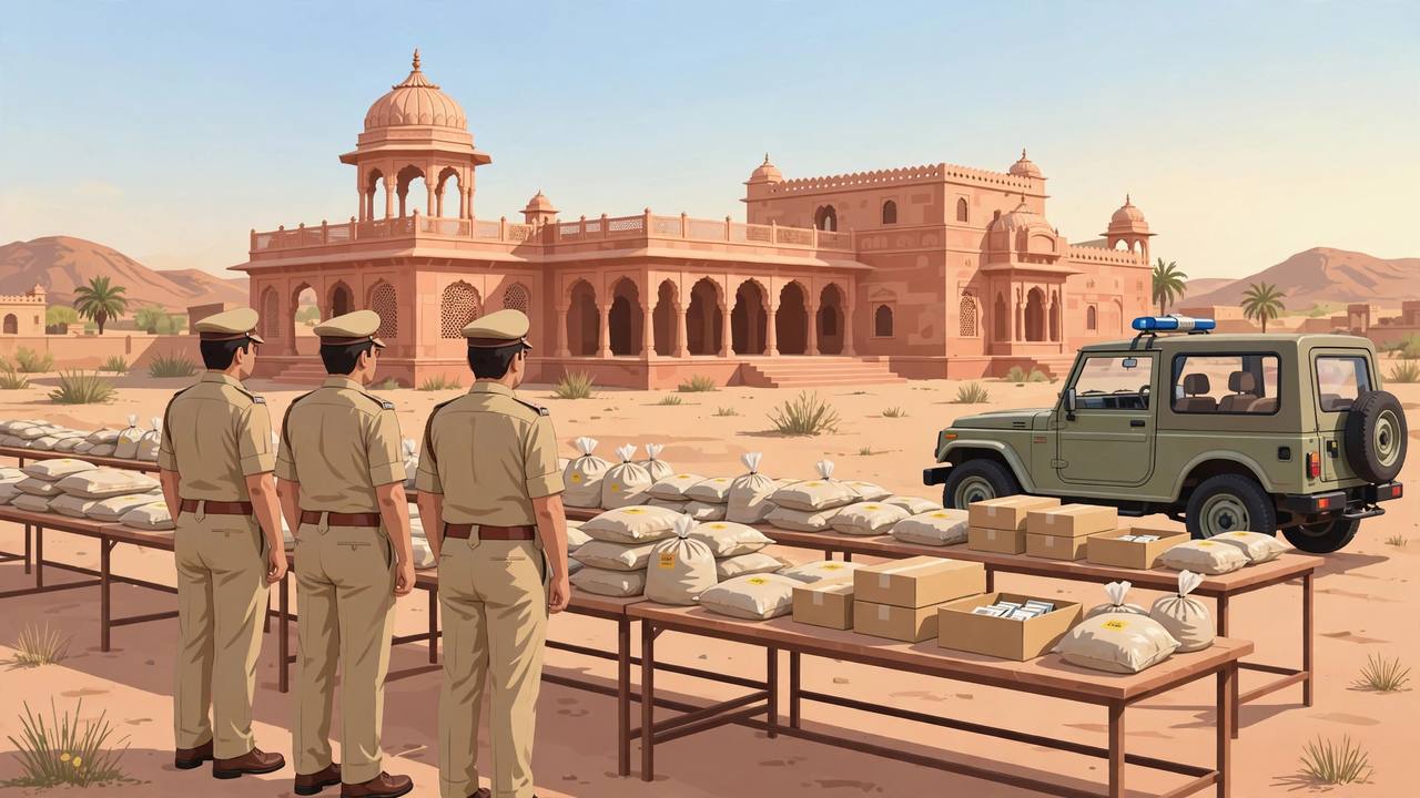 Editorial illustration of generic police officers seen from behind beside tables of sealed evidence sacks at an anti-narcotics seizure display in Rajasthan, with a police jeep and sandstone building