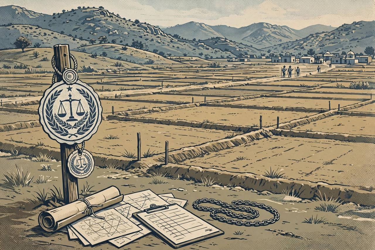 Editorial illustration of an official attachment seal on farmland plots near Jaipur with land documents