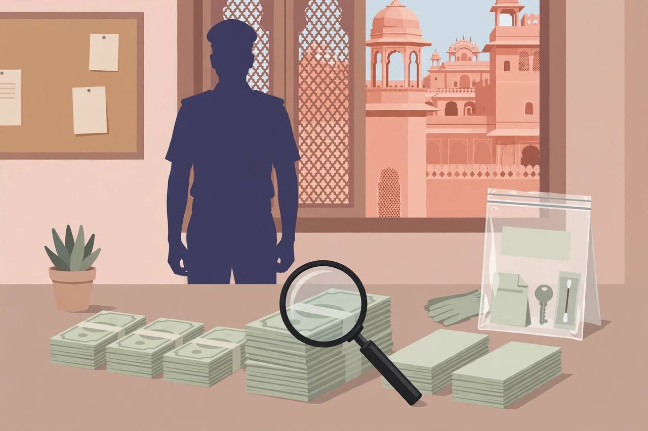 Editorial illustration of a police investigation table in Jaipur with stacks of generic currency notes, a magnifying glass and an evidence bag, with pink sandstone architecture through a window