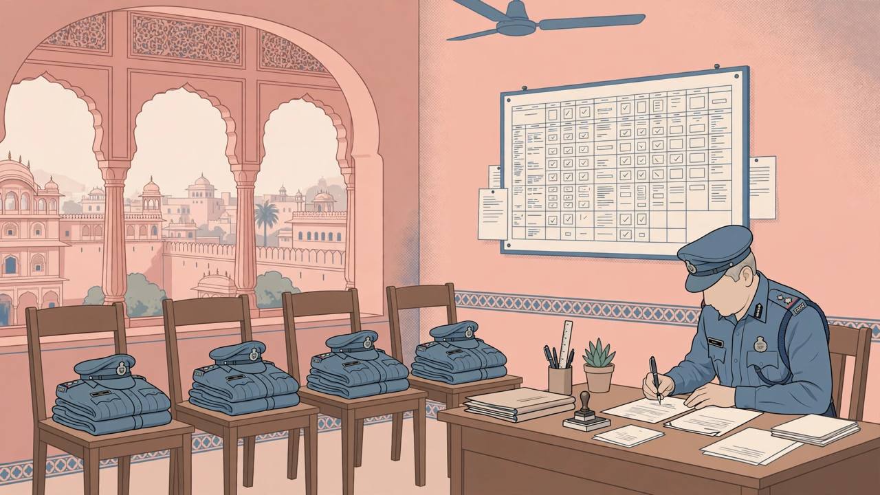 Editorial illustration of a senior police officer signing dismissal orders at a Jaipur police office desk, with four folded constable uniforms on chairs and an election duty roster on the wall