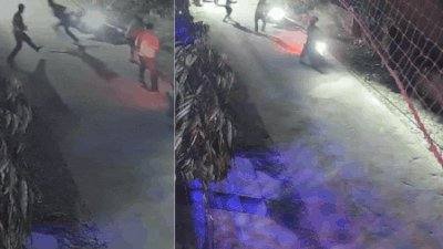 CCTV frames of a night-time street attack in Jamdoli, Jaipur, showing figures near a scooter with its headlight on
