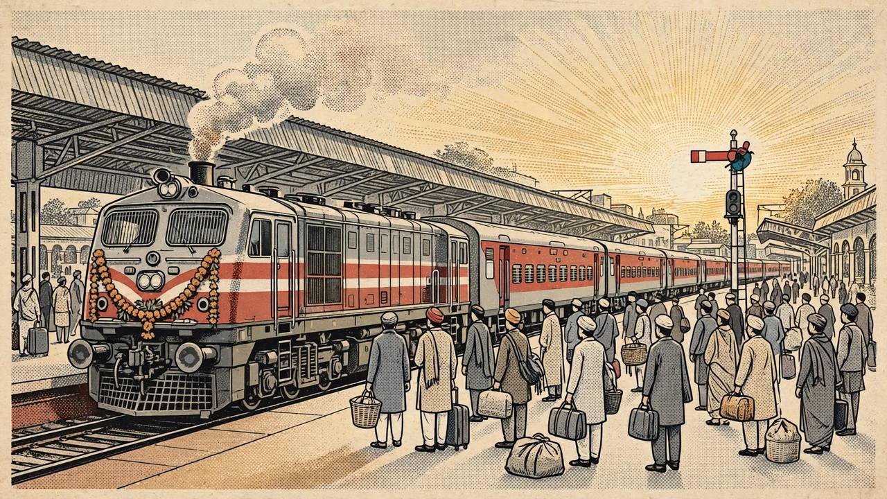 Editorial illustration of an Indian Railways express train arriving at a station platform during its inauguration run