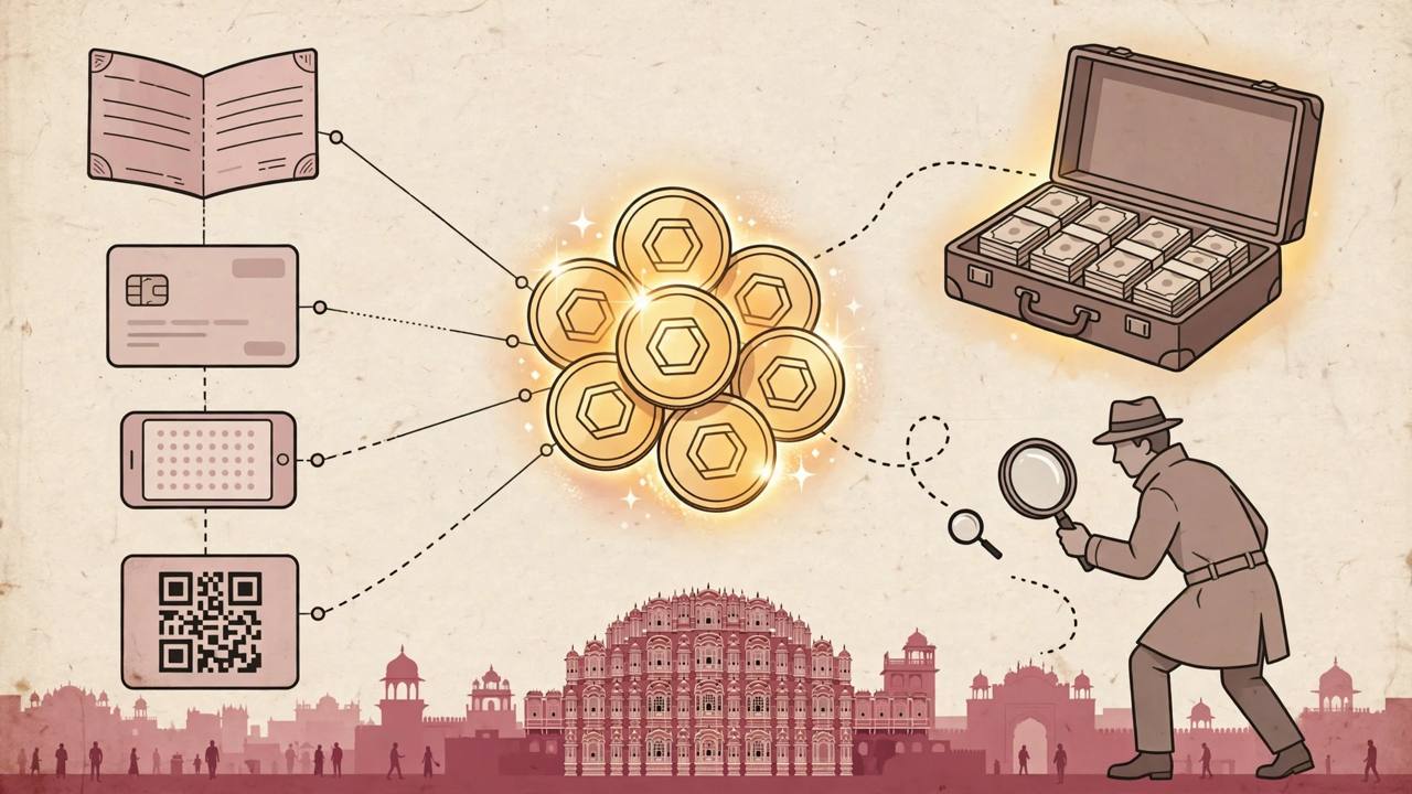 Editorial illustration of bank passbooks, debit cards, phones and QR cards connected to cryptocurrency coins in a network, Jaipur skyline behind