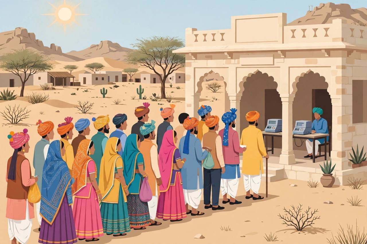 Editorial illustration of rural voters in Rajasthan queuing at a village panchayat polling station with electronic voting machines