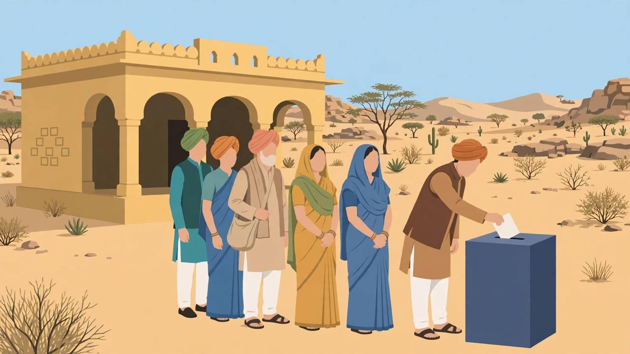 Editorial illustration of voters queuing outside a village polling station in Rajasthan, dropping paper ballots into a ballot box