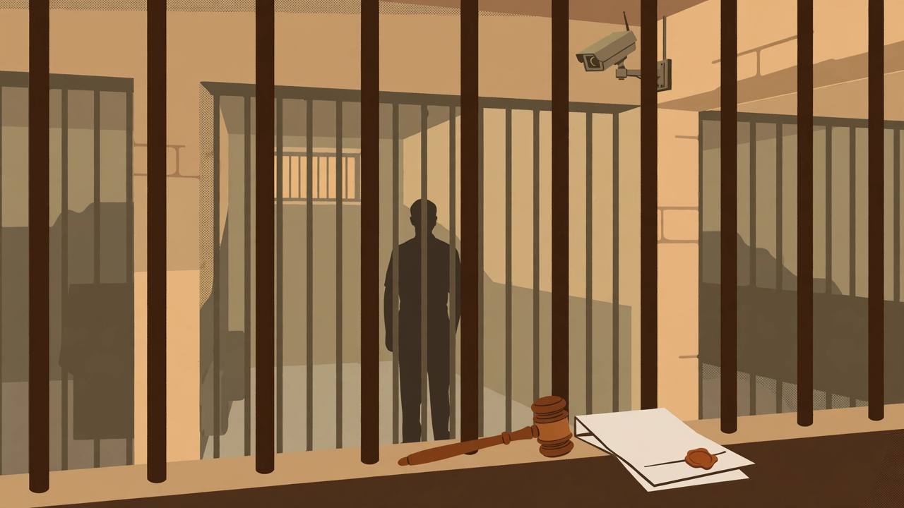 Editorial illustration of prison bars with a CCTV camera, a judge's gavel and a sealed official document, with a generic silhouetted prisoner behind the bars