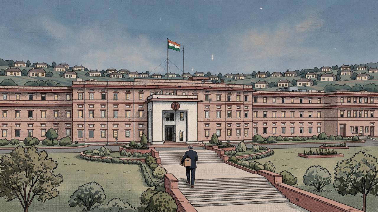 Editorial illustration of a generic senior official carrying a file box down the steps of a Rajasthan government building in Jaipur, with small villa cottages in the background