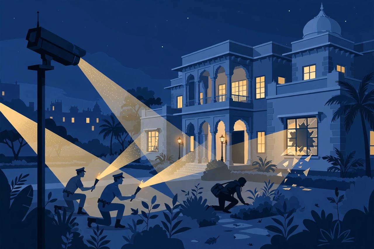 Editorial illustration of a large residence at night in Jaipur with a broken window, a CCTV camera, police torch beams and a silhouetted intruder carrying a bag in the garden
