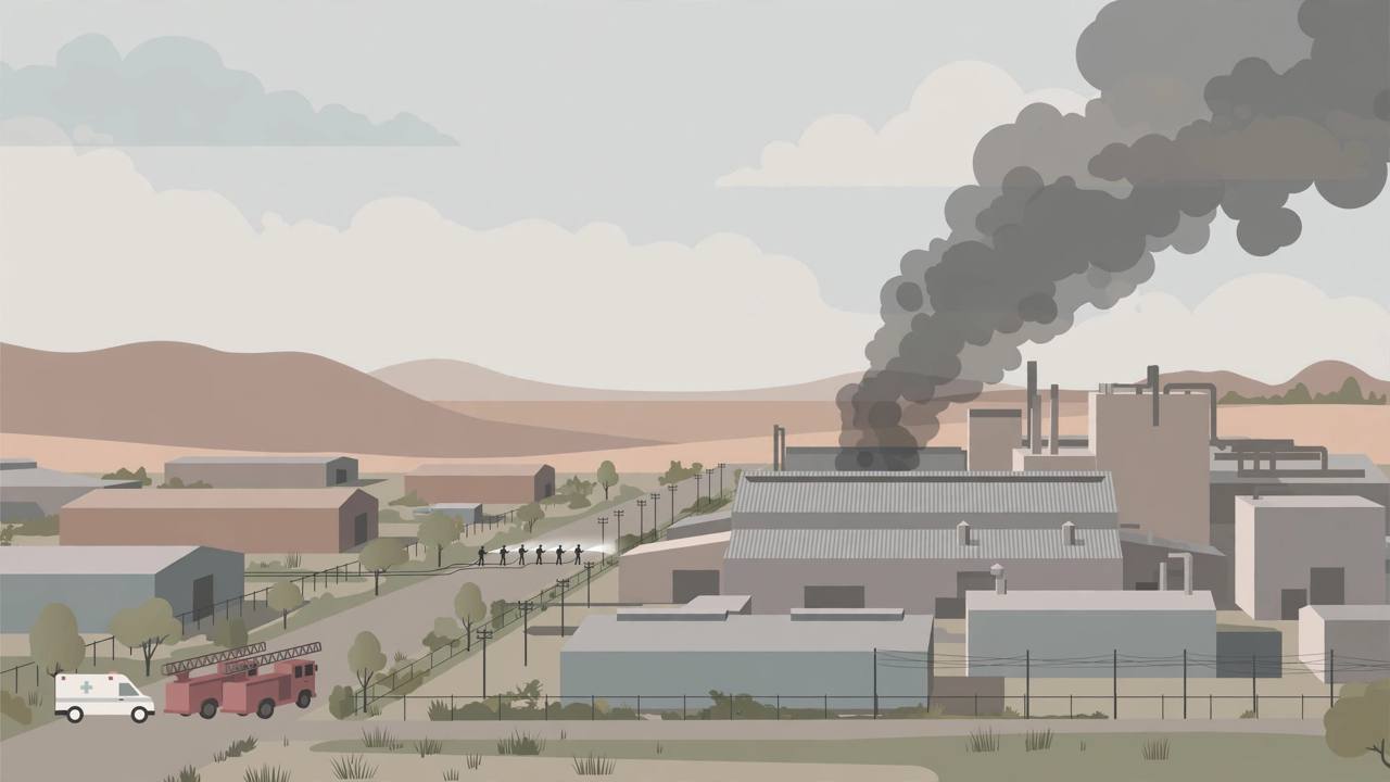 Editorial illustration of an industrial factory building with smoke rising, fire tenders and an ambulance outside