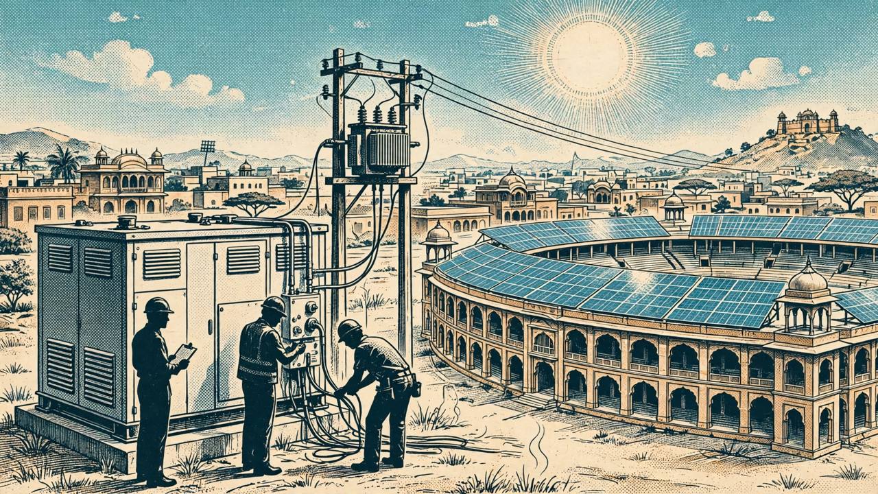 Editorial illustration of a battery storage cabinet connected to a distribution transformer and rooftop solar panels beside a stadium in Jaipur in hot summer light