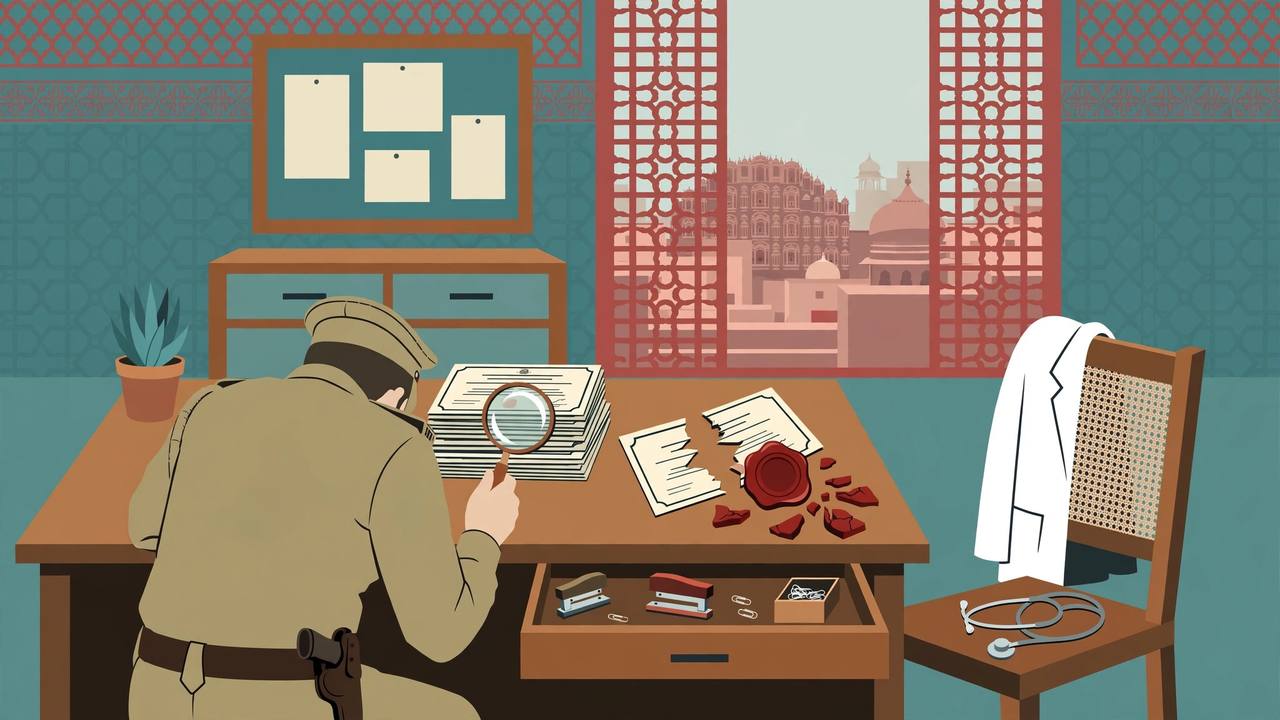 Editorial illustration of a police officer examining medical certificates with a magnifying glass at a medical council registration desk in Jaipur, one certificate torn with a broken red seal