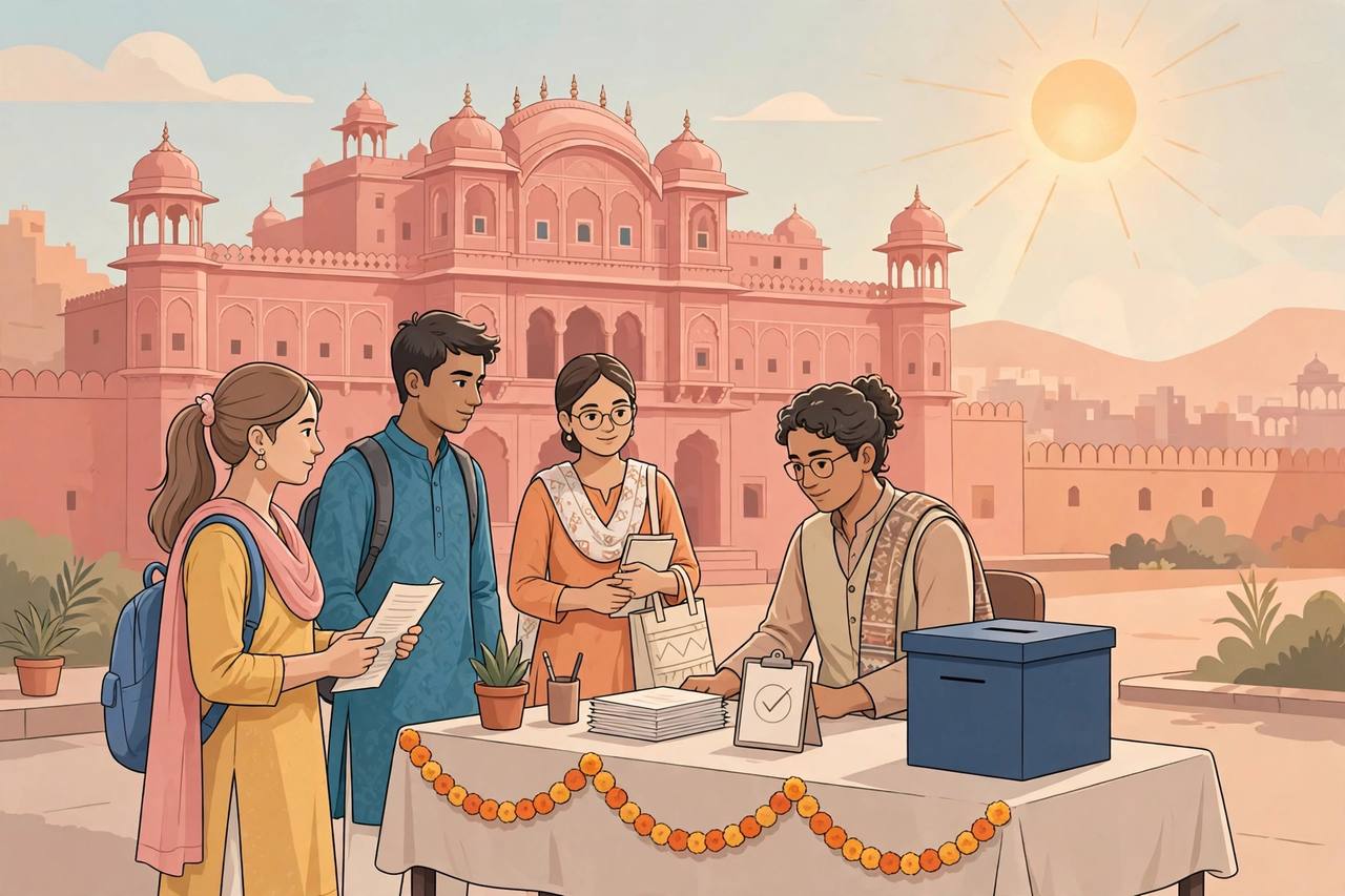 Editorial illustration of young voters enrolling at a registration desk in Jaipur