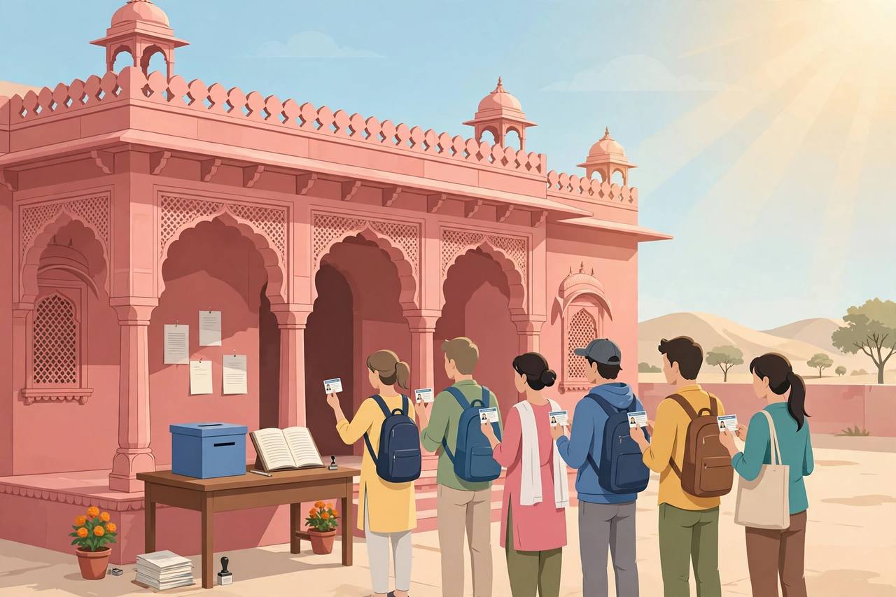 Editorial illustration of young first-time voters queuing at an electoral registration office in Jaipur