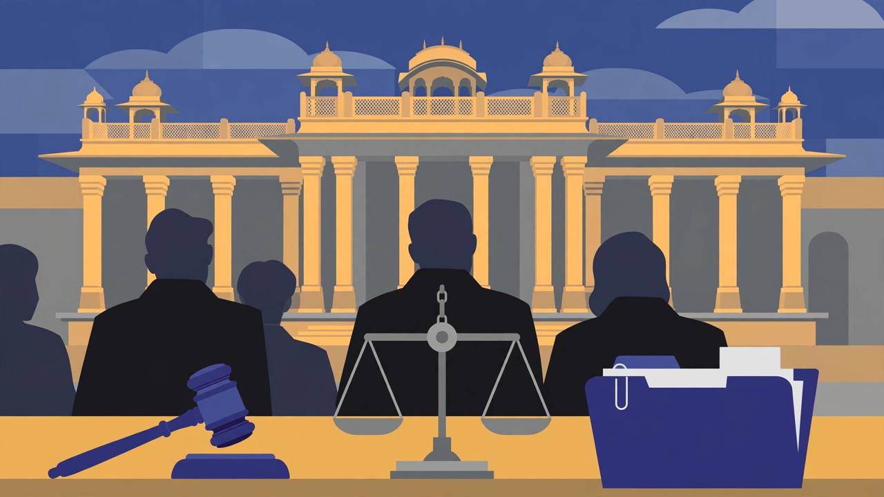 Editorial illustration of the Rajasthan High Court building in Jaipur with a gavel, scales of justice and a case file in the foreground and lawyers seen from behind