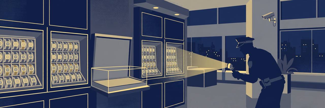 Editorial illustration of a police officer with a torch inspecting a luxury watch showroom at night, with one display case emptied