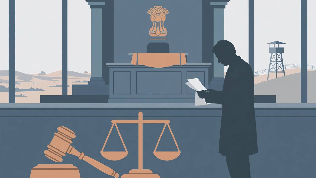 Editorial illustration of an Indian Supreme Court courtroom with a gavel and scales of justice, a generic silhouetted man handing over bail papers, and a desert border landscape in the background