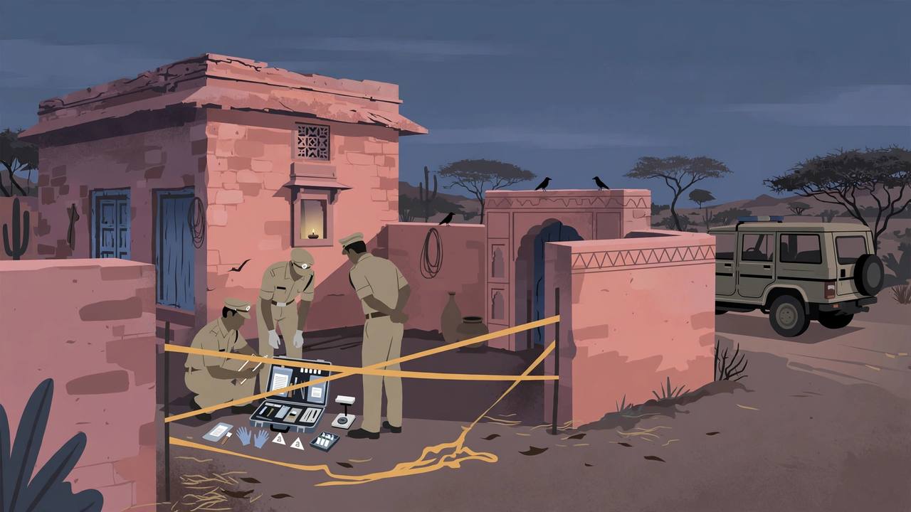 Editorial illustration of police officers examining a cordoned courtyard at a village house in Rajasthan