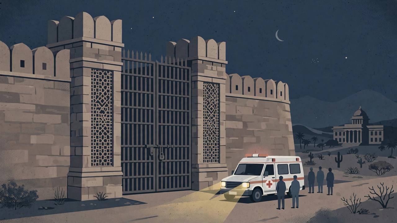 Editorial illustration of a closed prison gate at night with an ambulance waiting outside and a courthouse silhouette in the background